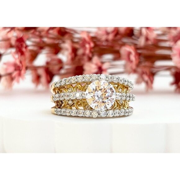 CZ Gemstones Vintage Sterling Silver Vermeil Gold T Gemstone Ring - sz 7.75 - Picture 1 of 10